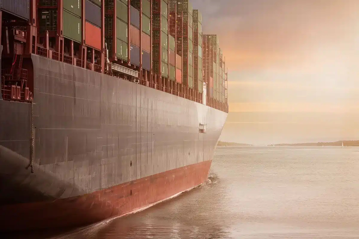 Containers impilati in un porto durante operazioni di carico e scarico