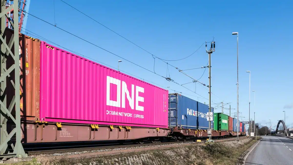 Container intermodali su treno merci in movimento su linea ferroviaria