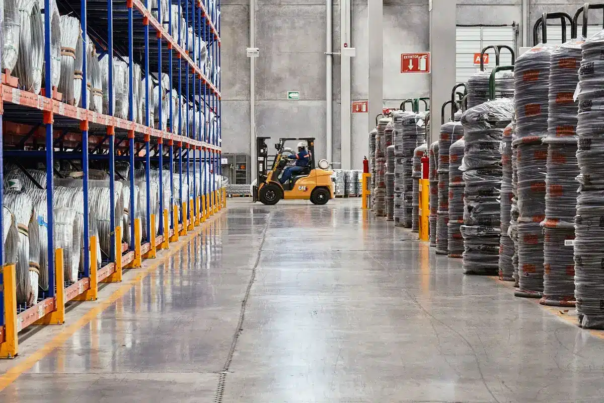 Centro logistico con merci imballate e operatori al lavoro tra scaffalature