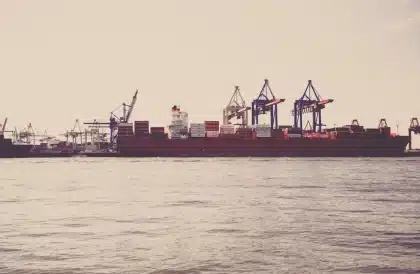 Terminal container moderno con gru di banchina e nave portacontainer al tramonto
