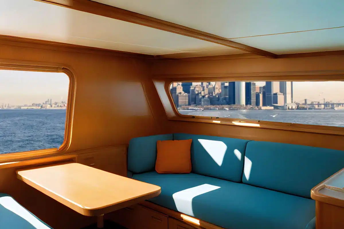Suite elegante e luminosa di uno yacht di lusso con arredamento contemporaneo e vista sul mare