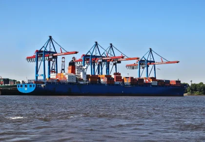Terminal container con gru, pile di container e mezzo di movimentazione in movimento