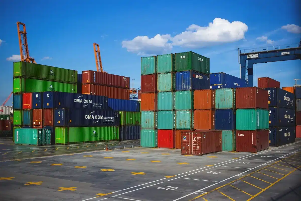 Terminal portuale con container e treno merci, cielo diurno