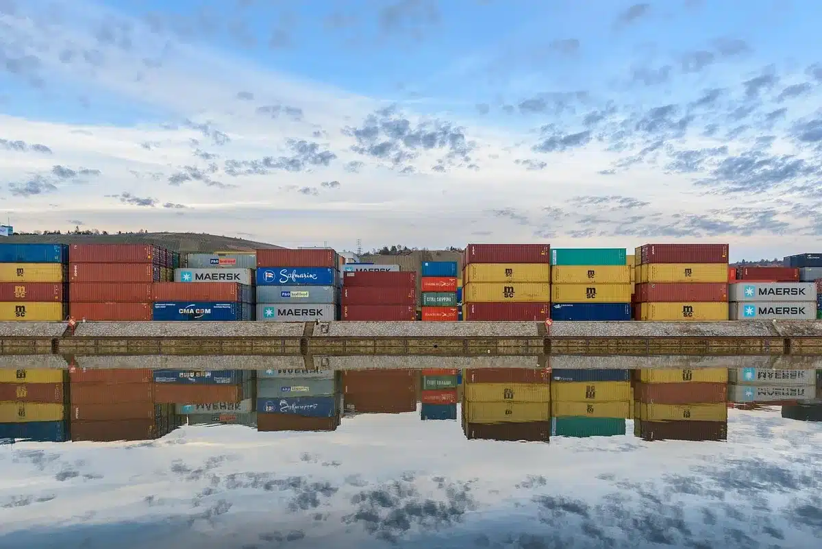 Panoramica di un porto uruguaiano con navi portacontainer e banchine profonde