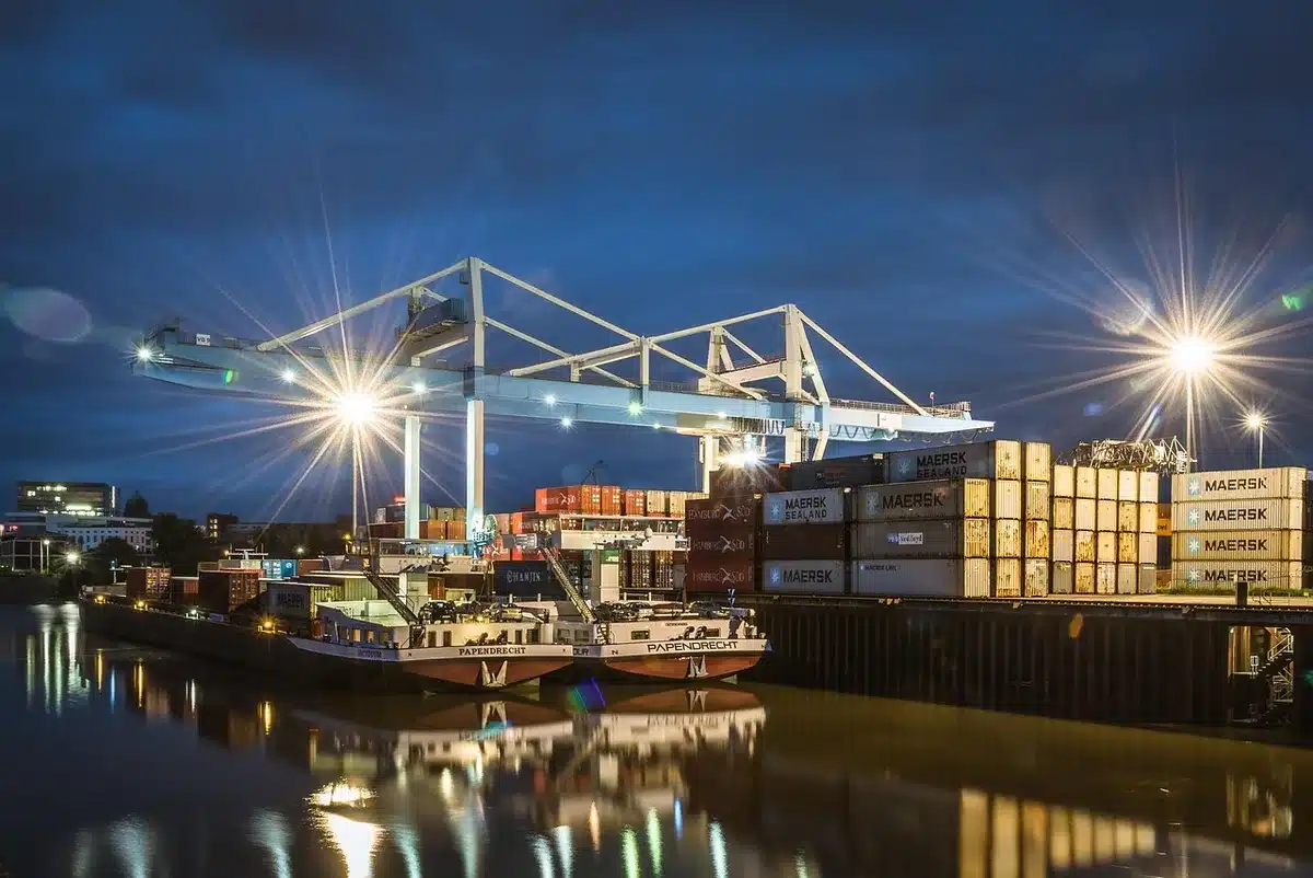 Silhouette di un porto con container impilati e gru che evocano congestione logistica