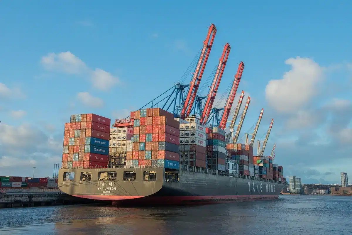 Nave portacontainer in porto con gru industriali durante le operazioni di carico merci