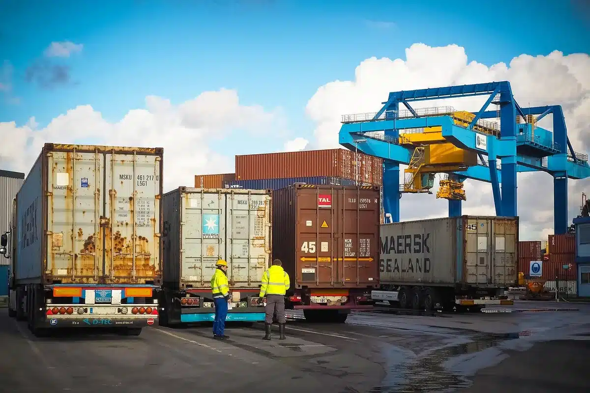 Banchina portuale con gru container e operai in controluce, scena anonima