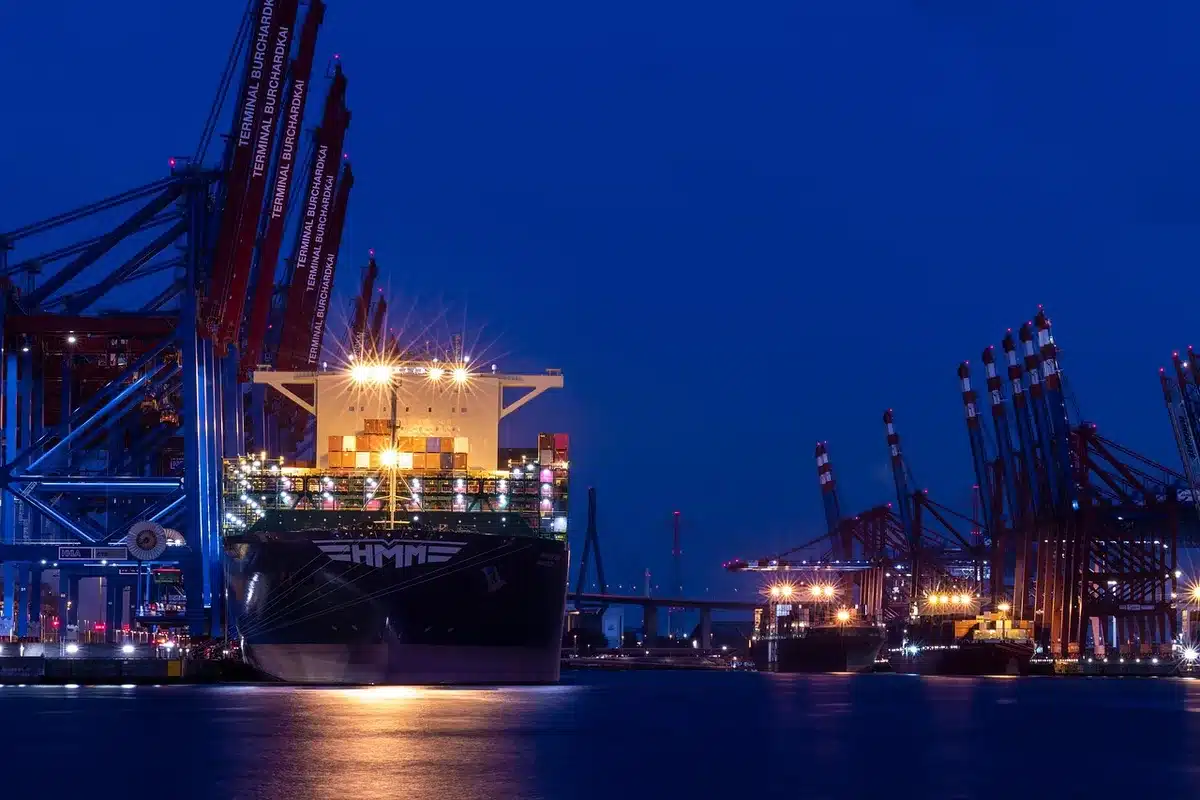gru portuali e scorte di container che illustrano congestione e sfide operative