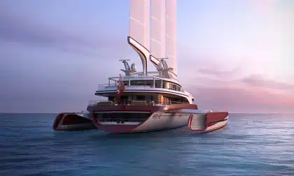 Silhouette di mani su ringhiera di uno yacht a vela con vela e orizzonte oceanico
