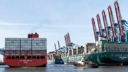 Terminal portuale con gru e container, nave cargo sullo sfondo